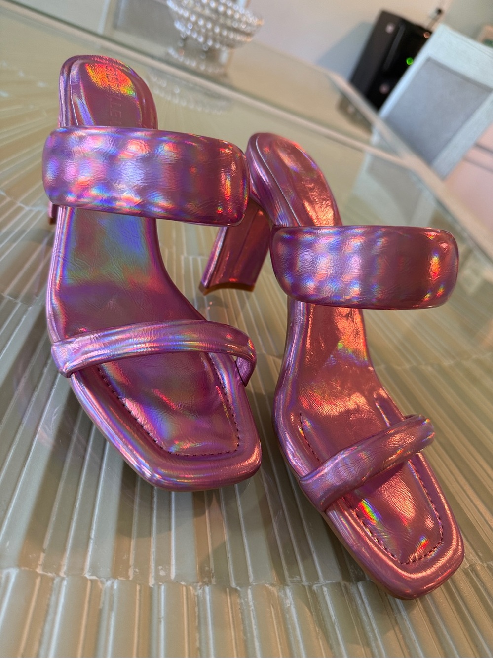 Gabrielle Union Holographic Magenta Double-Strap Slide Mules.  Never worn !